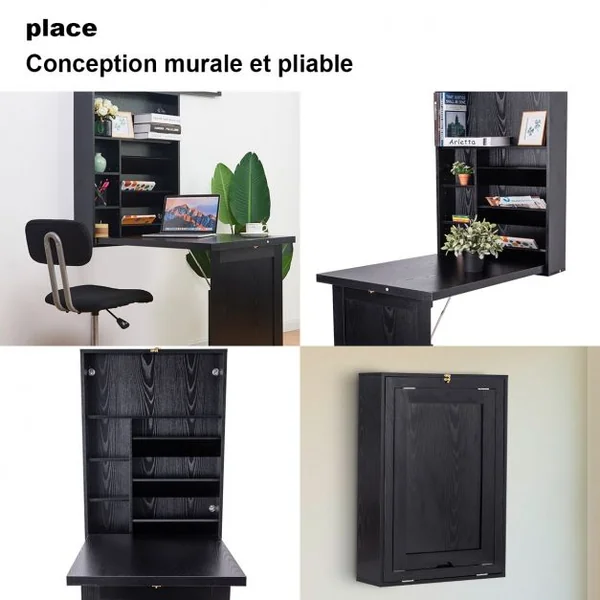 Table Murale Pliable Bureau Mural Rabattable Meuble de Rangement avec Étagère Intégrée en MDF 82x16x60cm Noir
