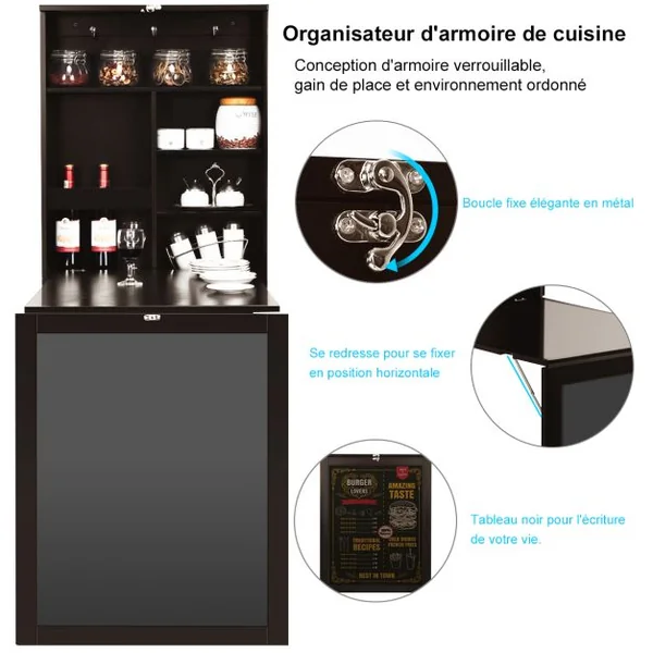 Table Murale Rabattable Bureau Mural avec Tableau Noir Etagères Intégrées Secrétaire Mural en Mdf 75x15,8x60cm Marron