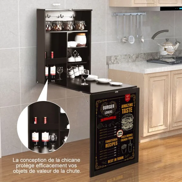 Table Murale Rabattable Bureau Mural avec Tableau Noir Etagères Intégrées Secrétaire Mural en Mdf 75x15,8x60cm Marron