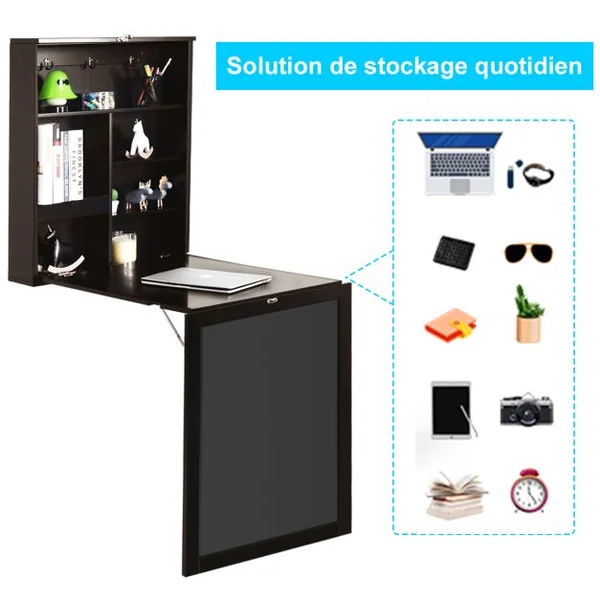 Table Murale Rabattable Bureau Mural avec Tableau Noir Etagères Intégrées Secrétaire Mural en Mdf 75x15,8x60cm Marron