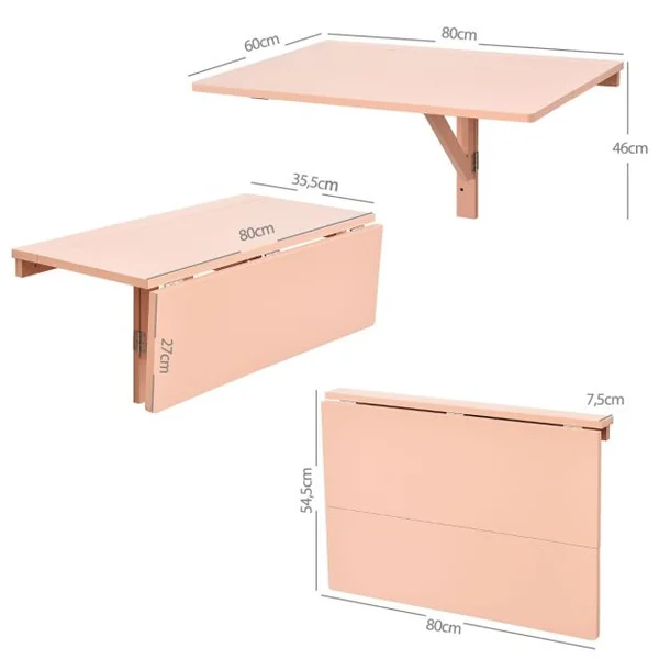 Table Murale Rabattable en Bois de Pin Table de Cuisine Pliante 80 x 60 x 45 cm Rose