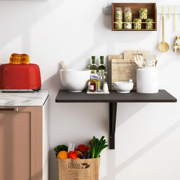 Table Murale Rabattable Table Murale de Cuisine Pliante Bureau Mural Pliant en Bois de Pin Mdf Métal 80x60x45cm Café