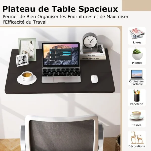 Table Murale Rabattable Table Murale de Cuisine Pliante Bureau Mural Pliant en Bois de Pin Mdf Métal 80x60x45cm Café