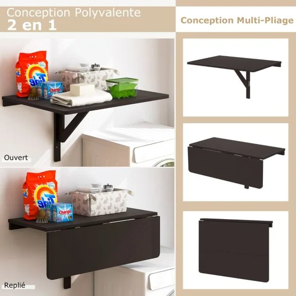 Table Murale Rabattable Table Murale de Cuisine Pliante Bureau Mural Pliant en Bois de Pin Mdf Métal 80x60x45cm Café
