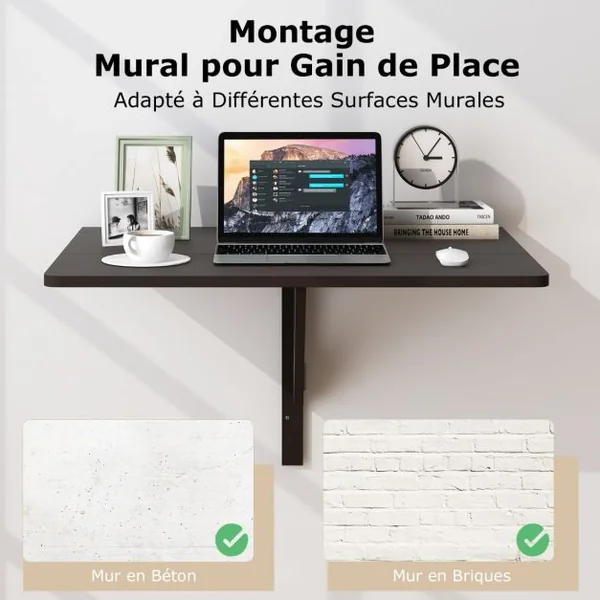 Table Murale Rabattable Table Murale de Cuisine Pliante Bureau Mural Pliant en Bois de Pin Mdf Métal 80x60x45cm Café