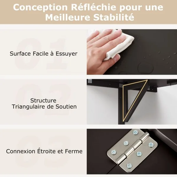 Table Murale Rabattable Table Murale de Cuisine Pliante Bureau Mural Pliant en Bois de Pin Mdf Métal 80x60x45cm Café