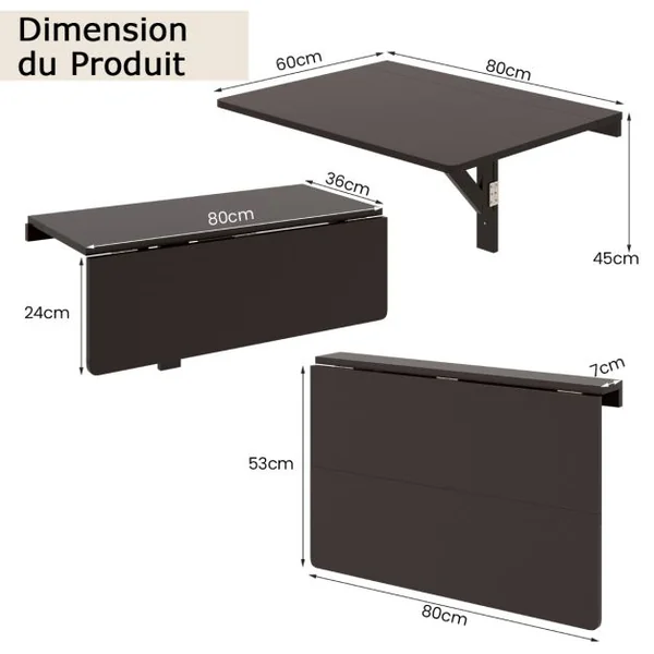 Table Murale Rabattable Table Murale de Cuisine Pliante Bureau Mural Pliant en Bois de Pin Mdf Métal 80x60x45cm Café