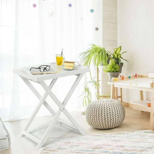 Table Pliante avec Plateau Amovible pour Chambre Salon Balcon Style Contemporain en MDF, 58x38x67,5cm, Blanc