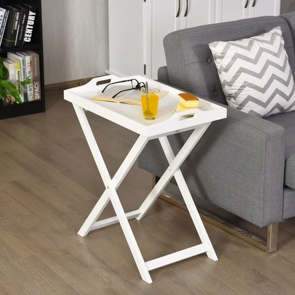 Table Pliante avec Plateau Amovible pour Chambre Salon Balcon Style Contemporain en MDF, 58x38x67,5cm, Blanc