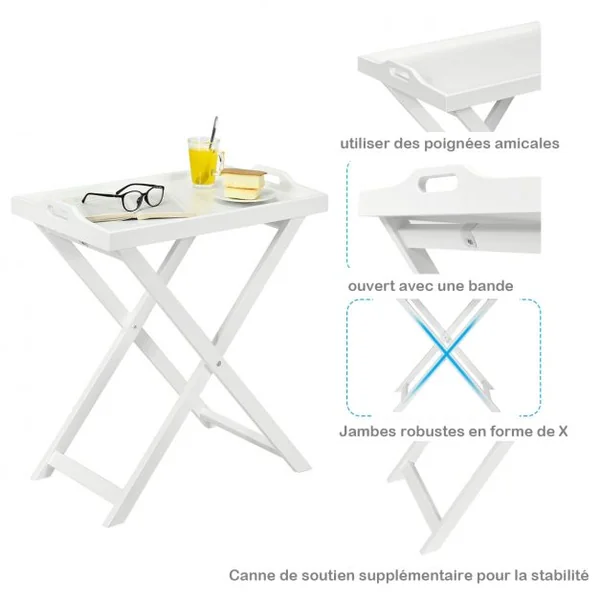 Table Pliante avec Plateau Amovible pour Chambre Salon Balcon Style Contemporain en MDF, 58x38x67,5cm, Blanc