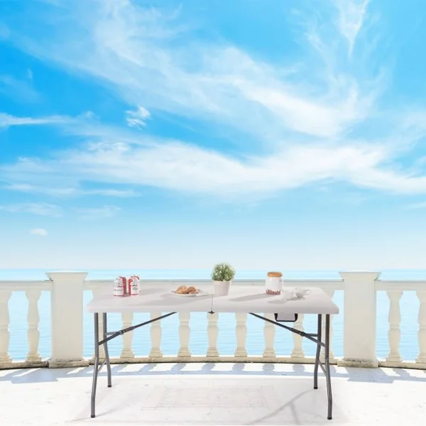 Table Pliante de Camping Table Pliable pour Pique-nique Table Extérieure en Acier HDPE, 153x74x74cm, Blanc