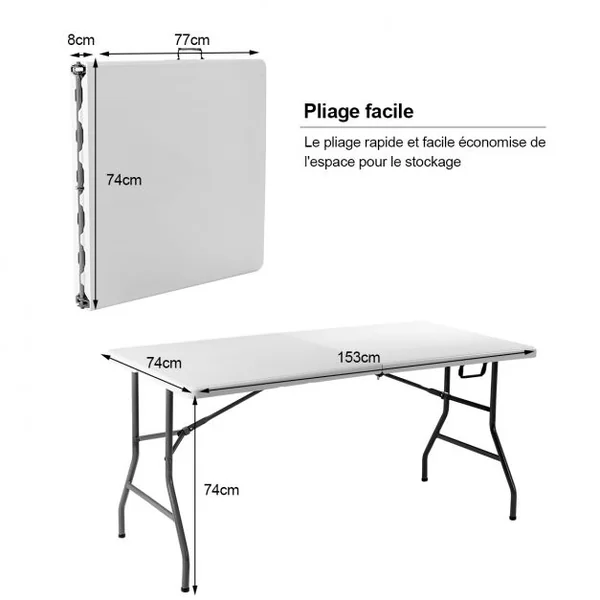 Table Pliante de Camping Table Pliable pour Pique-nique Table Extérieure en Acier HDPE, 153x74x74cm, Blanc