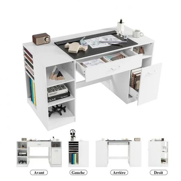 Table pour Machine à Coudre -12 Etagères et 2 Tiroirs Table d'Artisanat et de Coupe Blanc