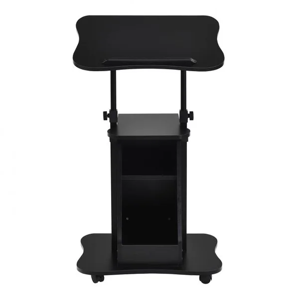 Table Pupitre à Roulettes pour Ordinateur Hauteur et Angle Réglables 2 Etagères en Fer et Bois 55x46x66-110cm Noir