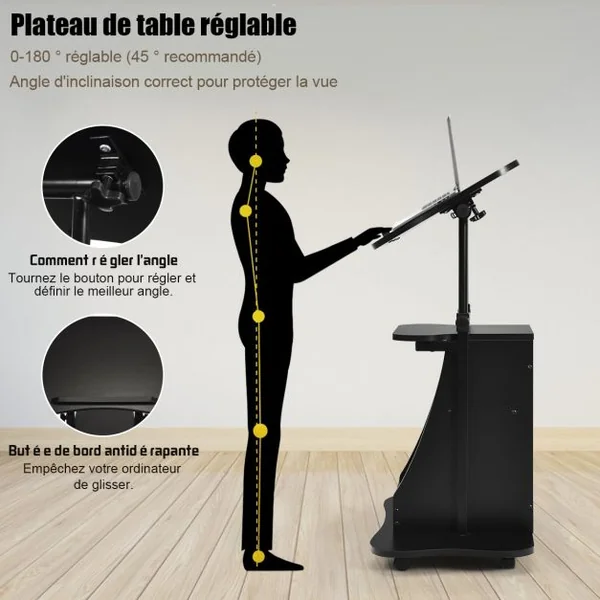Table Pupitre à Roulettes pour Ordinateur Hauteur et Angle Réglables 2 Etagères en Fer et Bois 55x46x66-110cm Noir