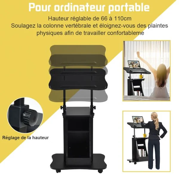 Table Pupitre à Roulettes pour Ordinateur Hauteur et Angle Réglables 2 Etagères en Fer et Bois 55x46x66-110cm Noir