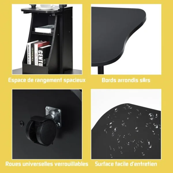 Table Pupitre à Roulettes pour Ordinateur Hauteur et Angle Réglables 2 Etagères en Fer et Bois 55x46x66-110cm Noir