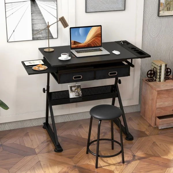 Table à dessin inclinable, Tabouret 2 Tiroirs, Hauteur Réglable Multifonctionnel, en MDF métal PVC 115x60x65/90.5cm Noir