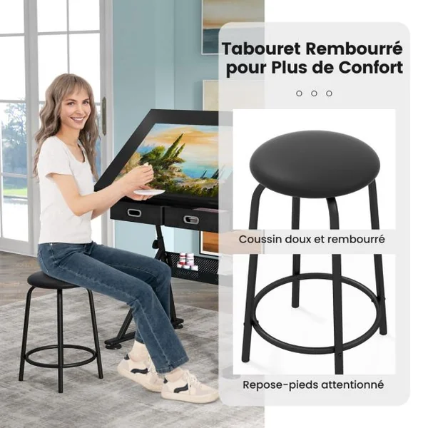 Table à dessin inclinable, Tabouret 2 Tiroirs, Hauteur Réglable Multifonctionnel, en MDF métal PVC 115x60x65/90.5cm Noir