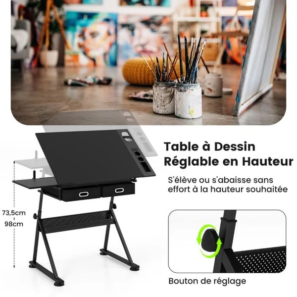 Table à dessin inclinable, Tabouret 2 Tiroirs, Hauteur Réglable Multifonctionnel, en MDF métal PVC 115x60x65/90.5cm Noir