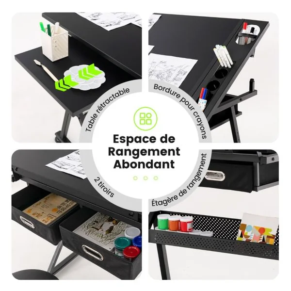 Table à dessin inclinable, Tabouret 2 Tiroirs, Hauteur Réglable Multifonctionnel, en MDF métal PVC 115x60x65/90.5cm Noir