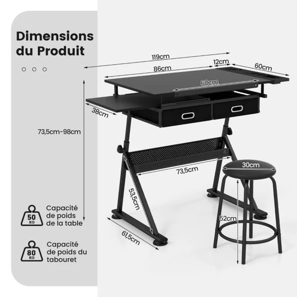 Table à dessin inclinable, Tabouret 2 Tiroirs, Hauteur Réglable Multifonctionnel, en MDF métal PVC 115x60x65/90.5cm Noir