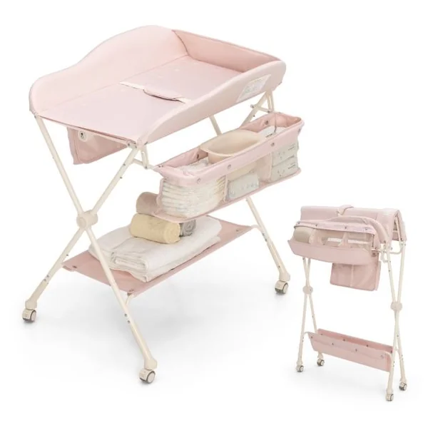 Table à Langer 3 en 1 Pliante Hauteur Réglable à 3 Niveaux Panier de Rangement Tissu Imperméable Bleu/Gris/Rose