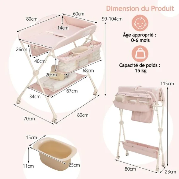 Table à Langer 3 en 1 Pliante Hauteur Réglable à 3 Niveaux Panier de Rangement Tissu Imperméable Bleu/Gris/Rose