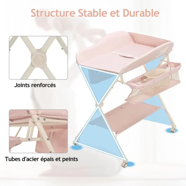 Table à Langer 3 en 1 Pliante Hauteur Réglable à 3 Niveaux Panier de Rangement Tissu Imperméable Bleu/Gris/Rose