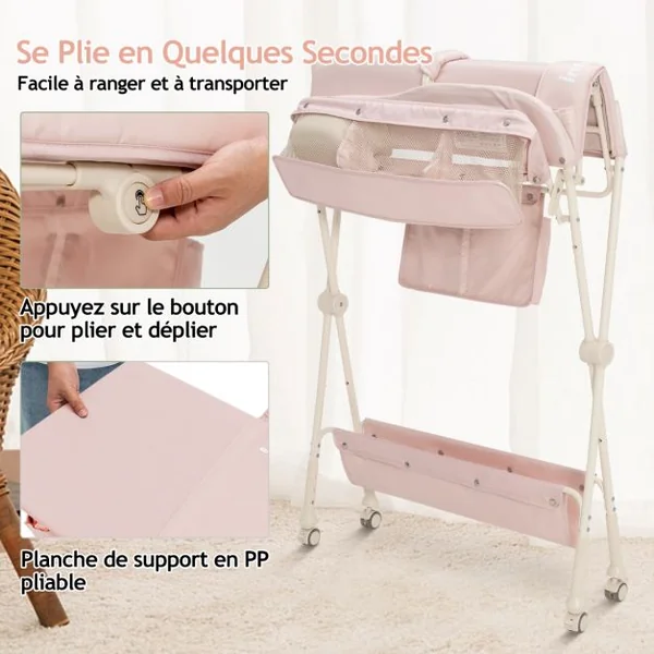 Table à Langer 3 en 1 Pliante Hauteur Réglable à 3 Niveaux Panier de Rangement Tissu Imperméable Bleu/Gris/Rose