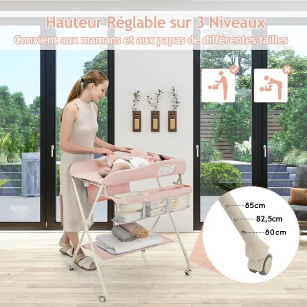 Table à Langer 3 en 1 Pliante Hauteur Réglable à 3 Niveaux Panier de Rangement Tissu Imperméable Bleu/Gris/Rose