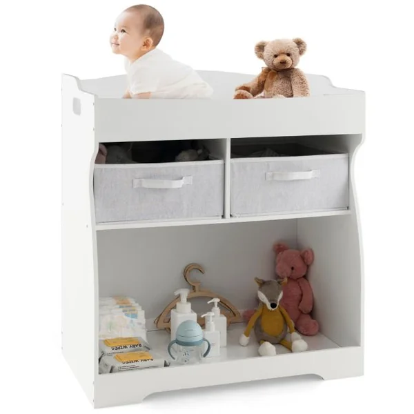 Table à Langer avec 2 Tiroirs et Grand Bac de Rangement Charge 15 KG Commode à Langer avec Matelas à Langer Imperméable et Ceinture de Sécurité Blanc
