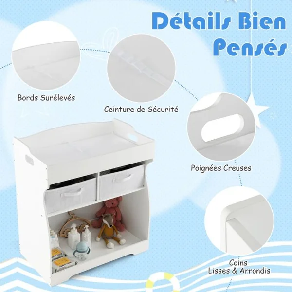 Table à Langer avec 2 Tiroirs et Grand Bac de Rangement Charge 15 KG Commode à Langer avec Matelas à Langer Imperméable et Ceinture de Sécurité Blanc