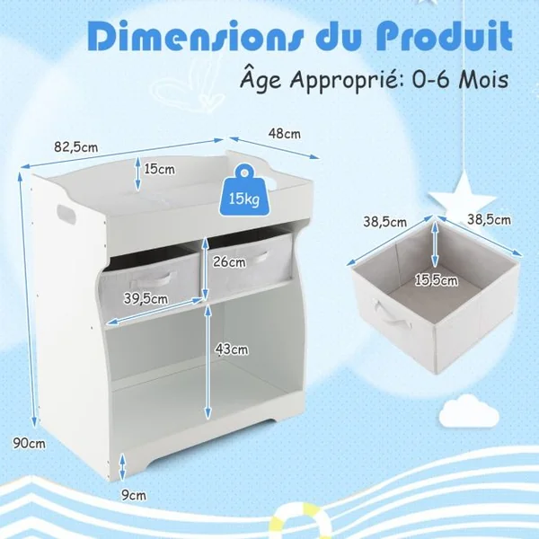 Table à Langer avec 2 Tiroirs et Grand Bac de Rangement Charge 15 KG Commode à Langer avec Matelas à Langer Imperméable et Ceinture de Sécurité Blanc