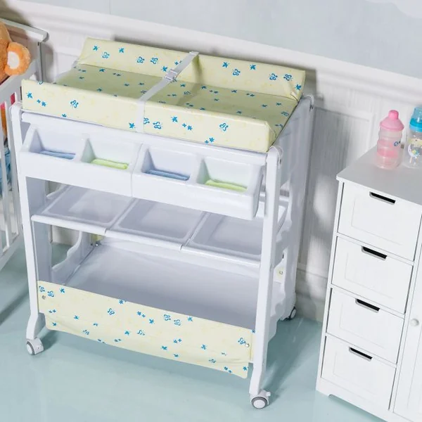 Table à Langer avec Baignoire à Roullette Commode Matelas à Langer et Rangement 85 x 64 x 92 cm Blanc