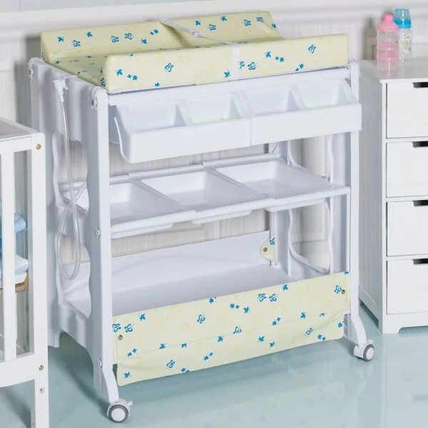 Table à Langer avec Baignoire à Roullette Commode Matelas à Langer et Rangement 85 x 64 x 92 cm Blanc