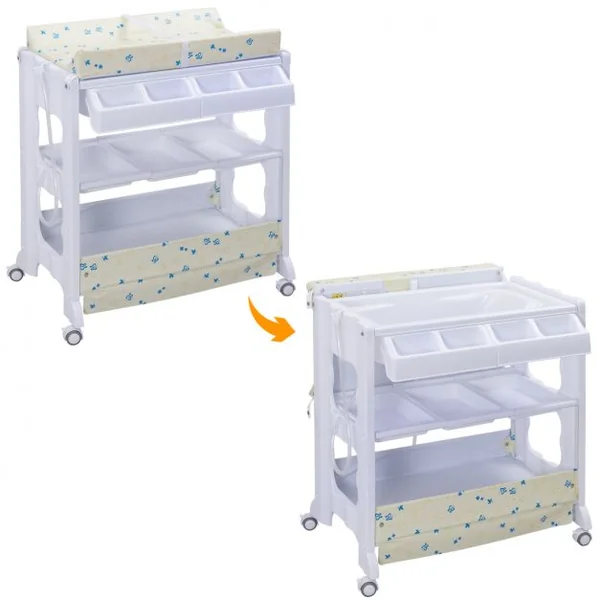 Table à Langer avec Baignoire à Roullette Commode Matelas à Langer et Rangement 85 x 64 x 92 cm Blanc