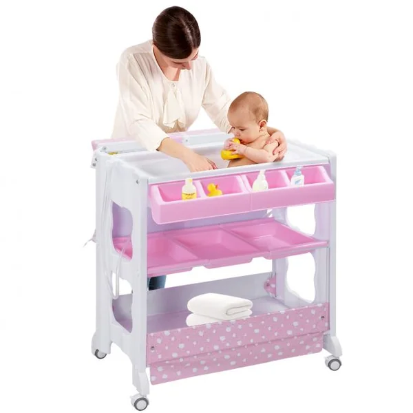 Table à Langer avec Baignoire à Roullette Commode Matelas à Langer et Rangement 85 x 64 x 92 cm Rose