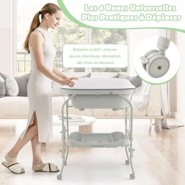 Table à Langer Bébé avec Baignoire 20L Pliante 4 en 1 Coussin en PVC 4 Roues Universelles Maximum 35 Kg 0-12 Mois 6 Couleurs au Choix