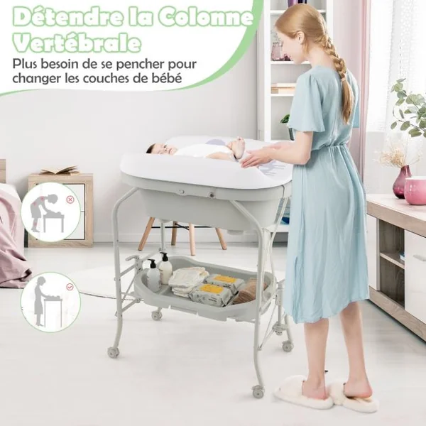Table à Langer Bébé avec Baignoire 20L Pliante 4 en 1 Coussin en PVC 4 Roues Universelles Maximum 35 Kg 0-12 Mois 6 Couleurs au Choix