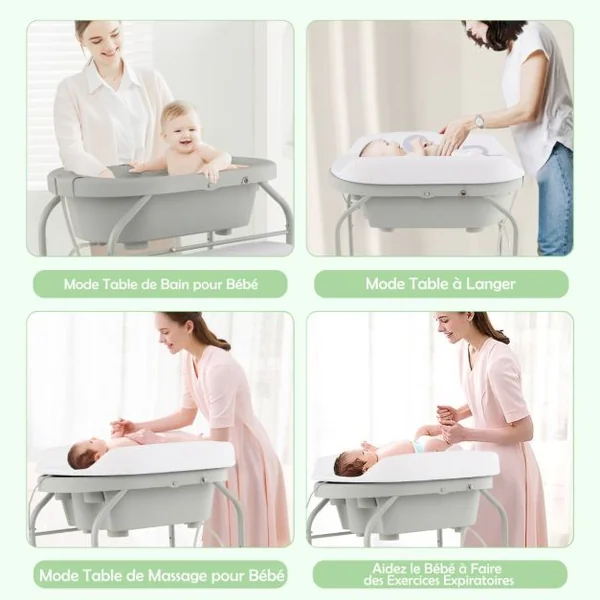 Table à Langer Bébé avec Baignoire 20L Pliante 4 en 1 Coussin en PVC 4 Roues Universelles Maximum 35 Kg 0-12 Mois 6 Couleurs au Choix