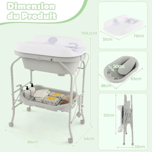 Table à Langer Bébé avec Baignoire 20L Pliante 4 en 1 Coussin en PVC 4 Roues Universelles Maximum 35 Kg 0-12 Mois 6 Couleurs au Choix