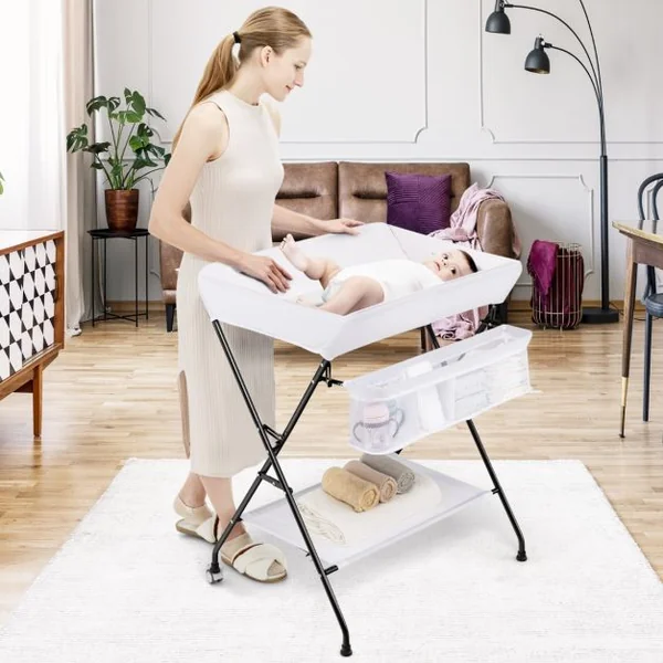 Table à Langer Bébé Pliable avec Panier de Rangement et Etagère à 3 Compartiments 4 Côtés Surélevés Charge 11kg 12 Mois Blanc