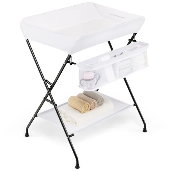 Table à Langer Bébé Pliable avec Panier de Rangement et Etagère à 3 Compartiments 4 Côtés Surélevés Charge 11kg 12 Mois Blanc