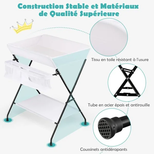 Table à Langer Bébé Pliable avec Panier de Rangement et Etagère à 3 Compartiments 4 Côtés Surélevés Charge 11kg 12 Mois Blanc