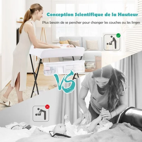 Table à Langer Bébé Pliable avec Panier de Rangement et Etagère à 3 Compartiments 4 Côtés Surélevés Charge 11kg 12 Mois Blanc