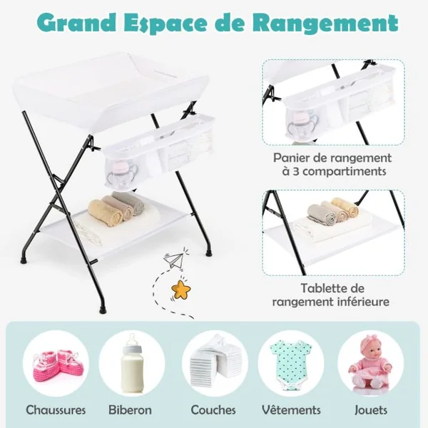Table à Langer Bébé Pliable avec Panier de Rangement et Etagère à 3 Compartiments 4 Côtés Surélevés Charge 11kg 12 Mois Blanc