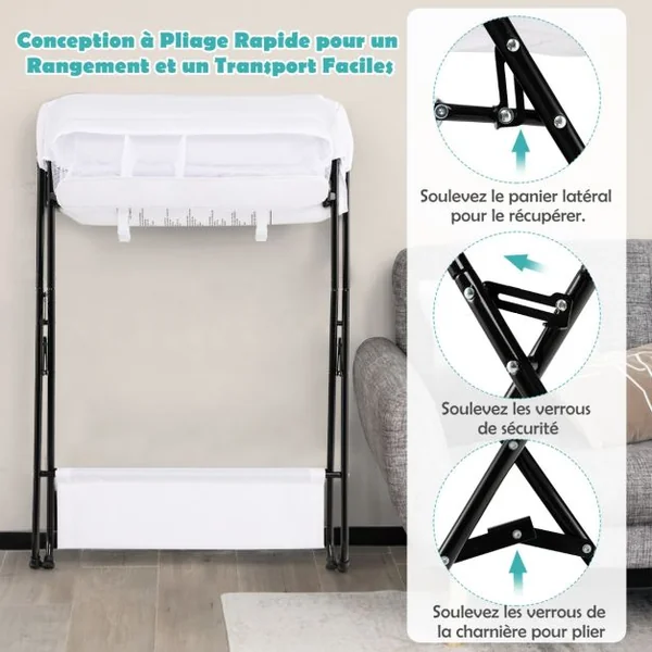 Table à Langer Bébé Pliable avec Panier de Rangement et Etagère à 3 Compartiments 4 Côtés Surélevés Charge 11kg 12 Mois Blanc