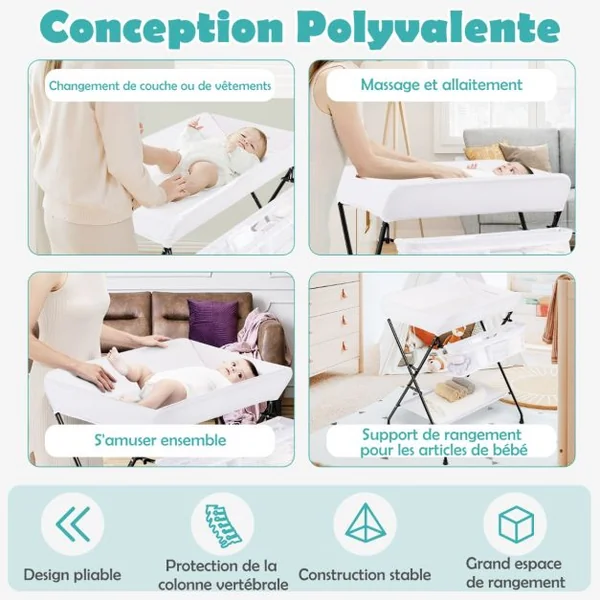 Table à Langer Bébé Pliable avec Panier de Rangement et Etagère à 3 Compartiments 4 Côtés Surélevés Charge 11kg 12 Mois Blanc