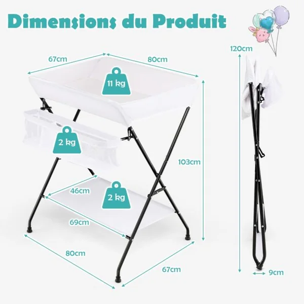 Table à Langer Bébé Pliable avec Panier de Rangement et Etagère à 3 Compartiments 4 Côtés Surélevés Charge 11kg 12 Mois Blanc